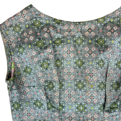 60s Vintage A Line Patterned Dress Grey Green Pink 8 10