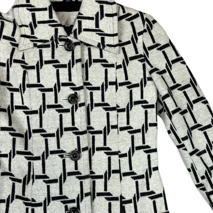 Vintage 90s Wool Midi Coat Geometric Print Light Grey Black 6 8