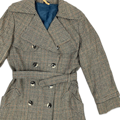 Vintage Wool Trench Coat Brown Orange Blue Tartan Check 8 10