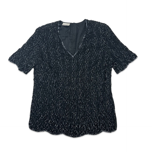 Vintage 80s Boxy Oversized Sequin Blouse Black 14 16
