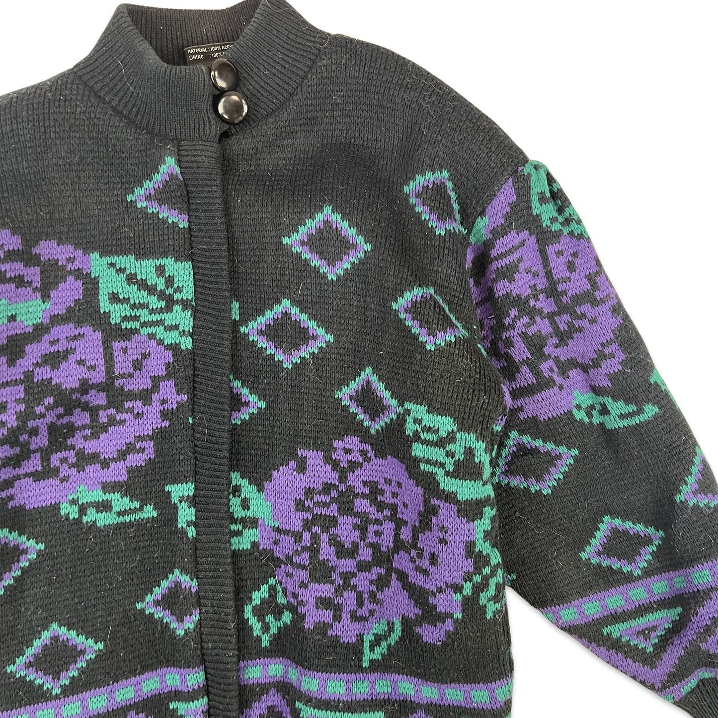 Vintage 80s Cardigan Balloon Sleeve Abstract Floral Black Purple Green 14 16 18