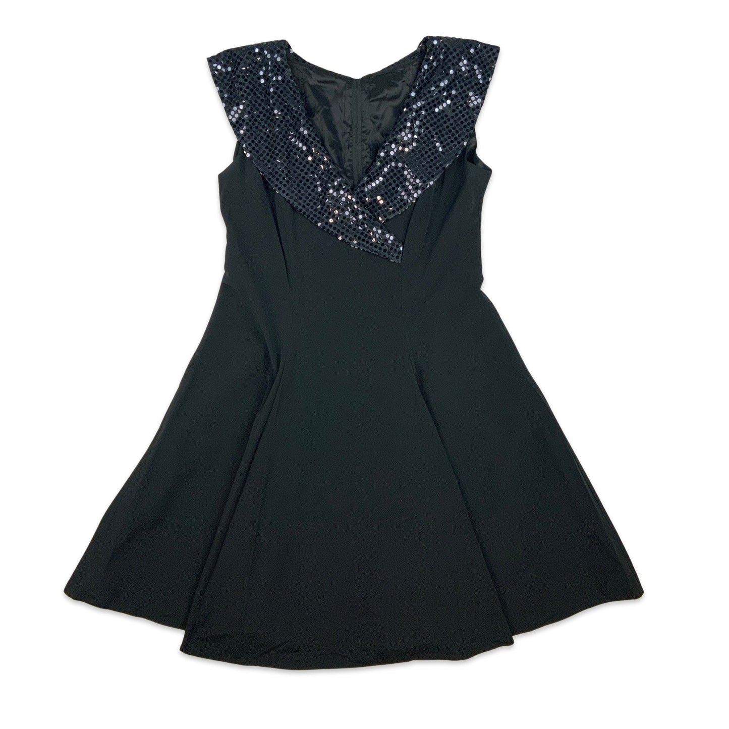 90s Vintage Sequin Party Skater Dress Black 14 16
