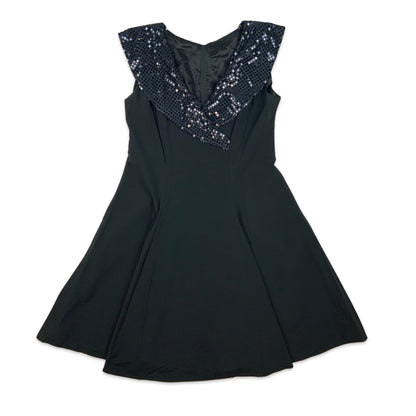 90s Vintage Sequin Party Skater Dress Black 14 16