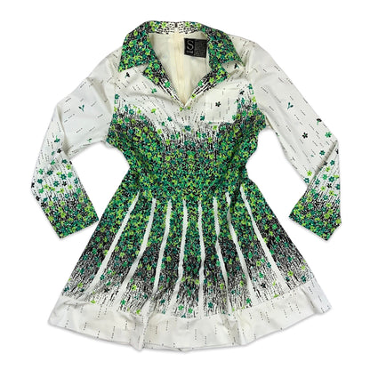Vintage 60s 70s Floral Skater Dress White Green 8 10 12