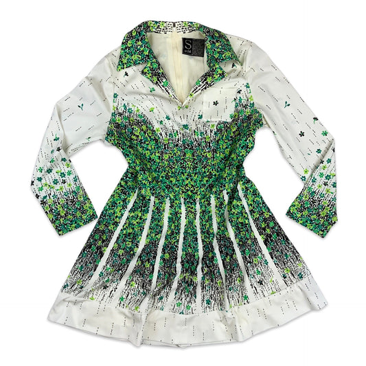 Vintage 60s 70s Floral Skater Dress White Green 8 10 12