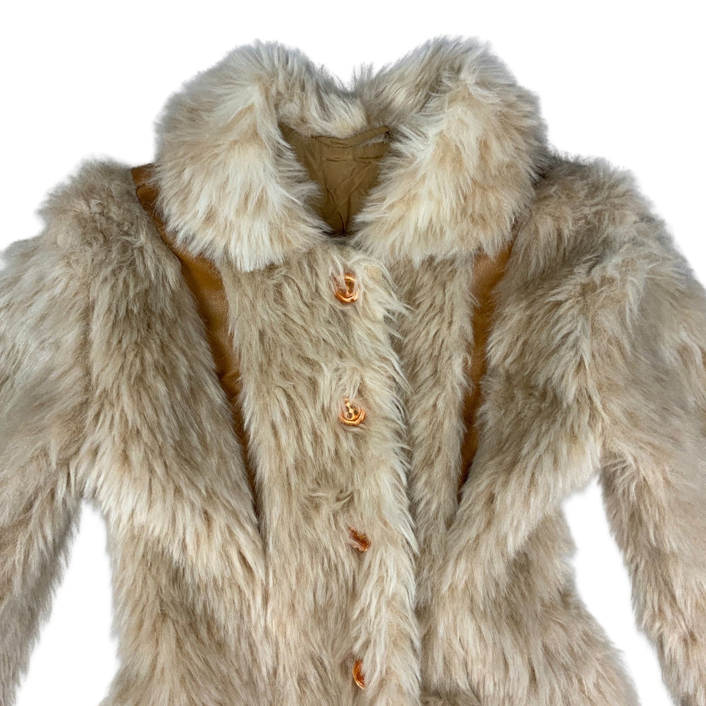 Vintage Cream Faux Fur Coat Orange Leather 6 8