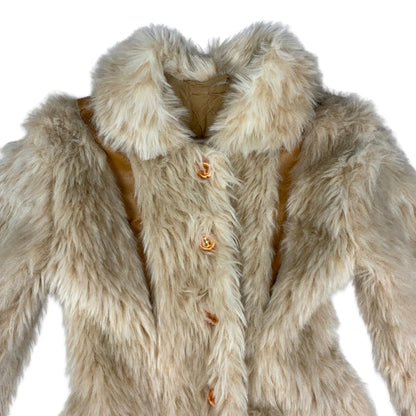 Vintage Cream Faux Fur Coat Orange Leather 6 8