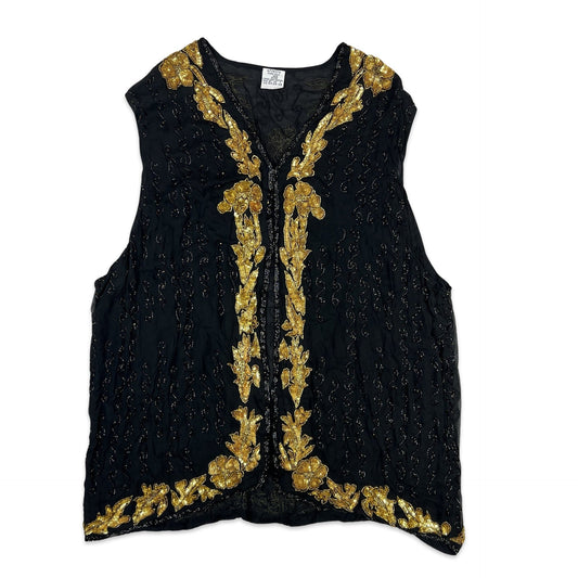Vintage Sequin Blouse Waistcoat Black Gold 16