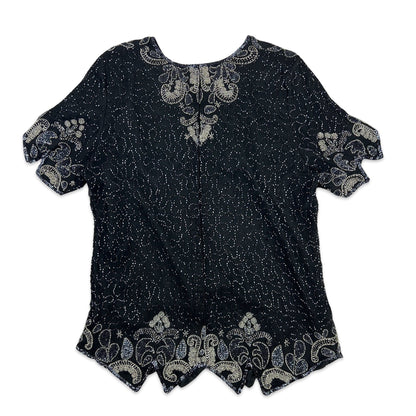 Vintage 80s Sequin Blouse Black Silver 14