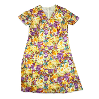 70s Vintage Floral Multicolour Midi Shift Summer Dress 14 16