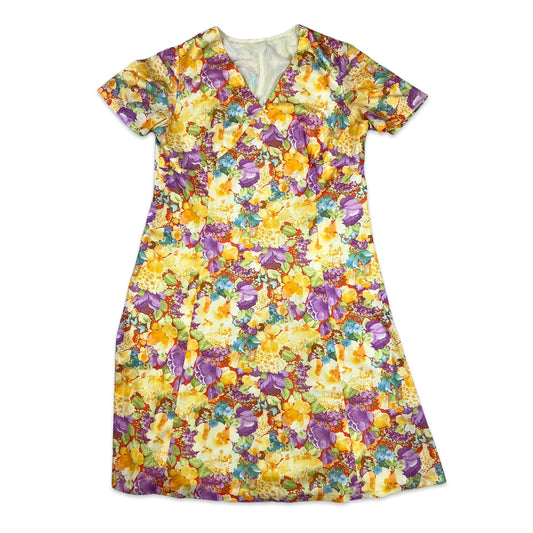 70s Vintage Floral Multicolour Midi Shift Summer Dress 14 16