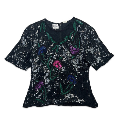 Vintage 80s Oversized Sequin Blouse Black Blue Green Purple 8 10