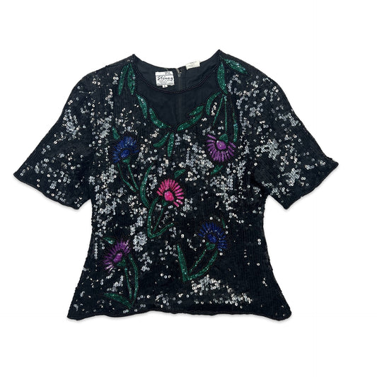 Vintage 80s Oversized Sequin Blouse Black Blue Green Purple 8 10