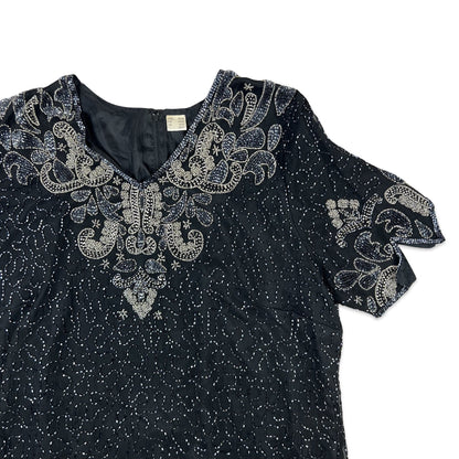 Vintage 80s Sequin Blouse Black Silver 14