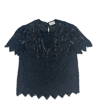 Vintage 80s Oversized Boxy Sequin Blouse Black 12
