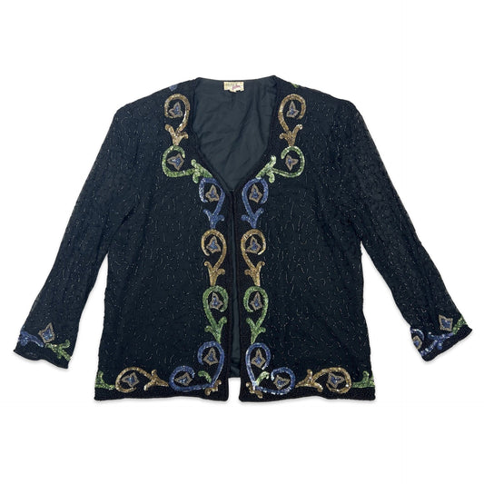 Vintage 80s Sequin Jacket Black Purple Green 16