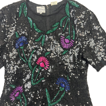 Vintage 80s Oversized Sequin Blouse Black Blue Green Purple 8 10