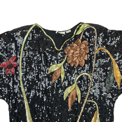 Vintage 80s Boxy Oversized Sequin Blouse Black Green Red Gold 12 14