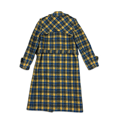 Vintage 70s Wool Midi Coat Blue Yellow Charcoal Tartan Check 6 8