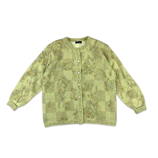 Vintage Checkered Floral Cardigan Green Blue Orange 14 16