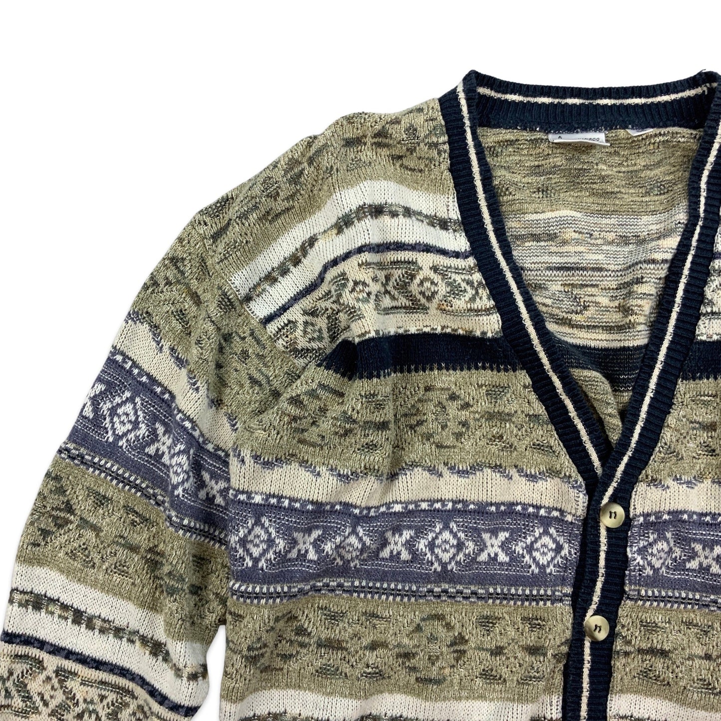 Vintage 80s White Navy & Green Abstract Knit Cardigan L XL