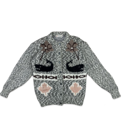 Vintage Boucle Cardigan Novelty Whale Print Grey Pink Black 16 18 20