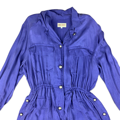 Vintage 80s 90s Bright Purple Shirt Dress Silver Buttons 10 12