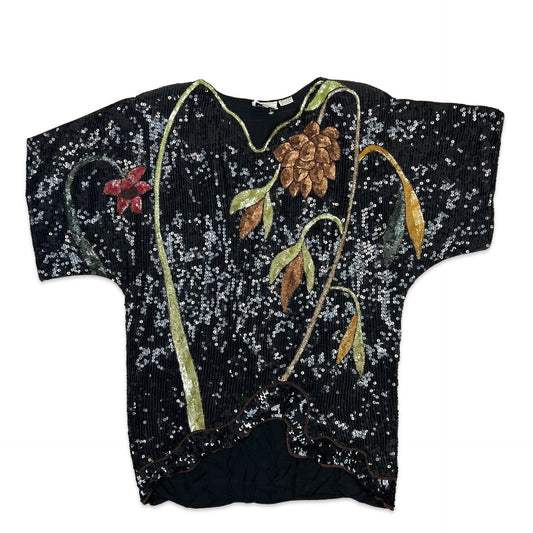 Vintage 80s Boxy Oversized Sequin Blouse Black Green Red Gold 12 14