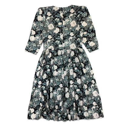 80s Vintage Black White Floral Dress 8