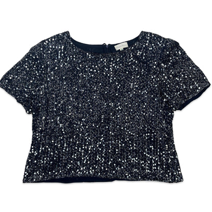 Vintage 80s Oversized Boxy Sequin Blouse Blue Silver 12 14
