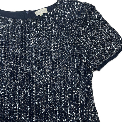 Vintage 80s Oversized Boxy Sequin Blouse Blue Silver 12 14