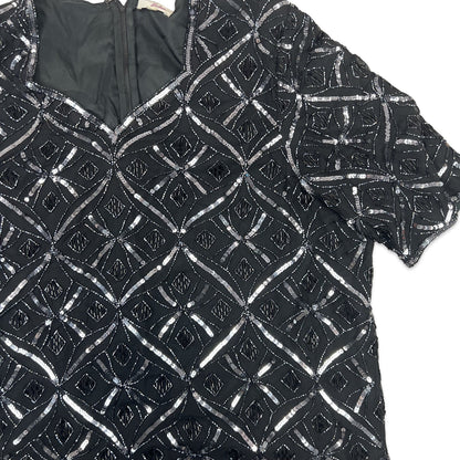 Vintage 80s Boxy Oversized Sequin Blouse Black Silver 16
