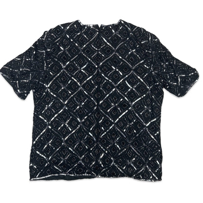 Vintage 80s Boxy Oversized Sequin Blouse Black Silver 16