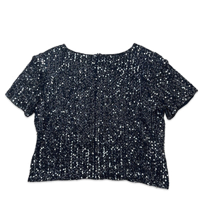 Vintage 80s Oversized Boxy Sequin Blouse Blue Silver 12 14