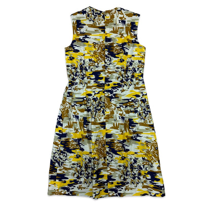 Vintage 60s 70s White Brown Yellow Abstract Print Shift Dress 8 10