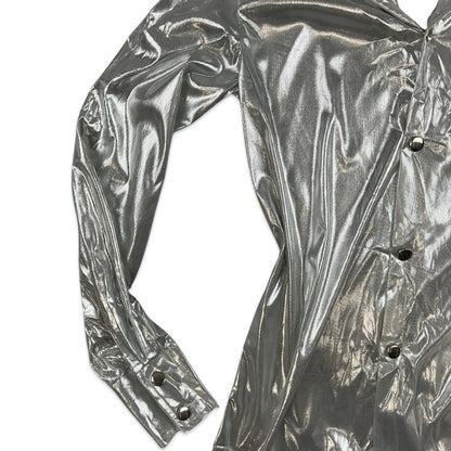 90s Vintage Lamé Silver Metallic Collared Button-up Blouse Shirt 10 12 14