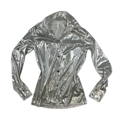 90s Vintage Lamé Silver Metallic Collared Button-up Blouse Shirt 10 12 14