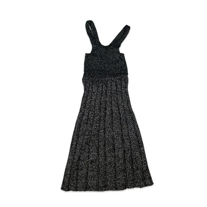 Vintage 70s Lurex Knitted Midi Party Dress Black Silver Metallic 8