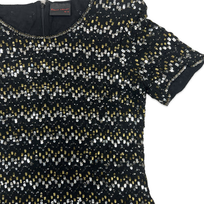 Vintage 80s Boxy Oversized Sequin Blouse Black Gold Silver 8 10