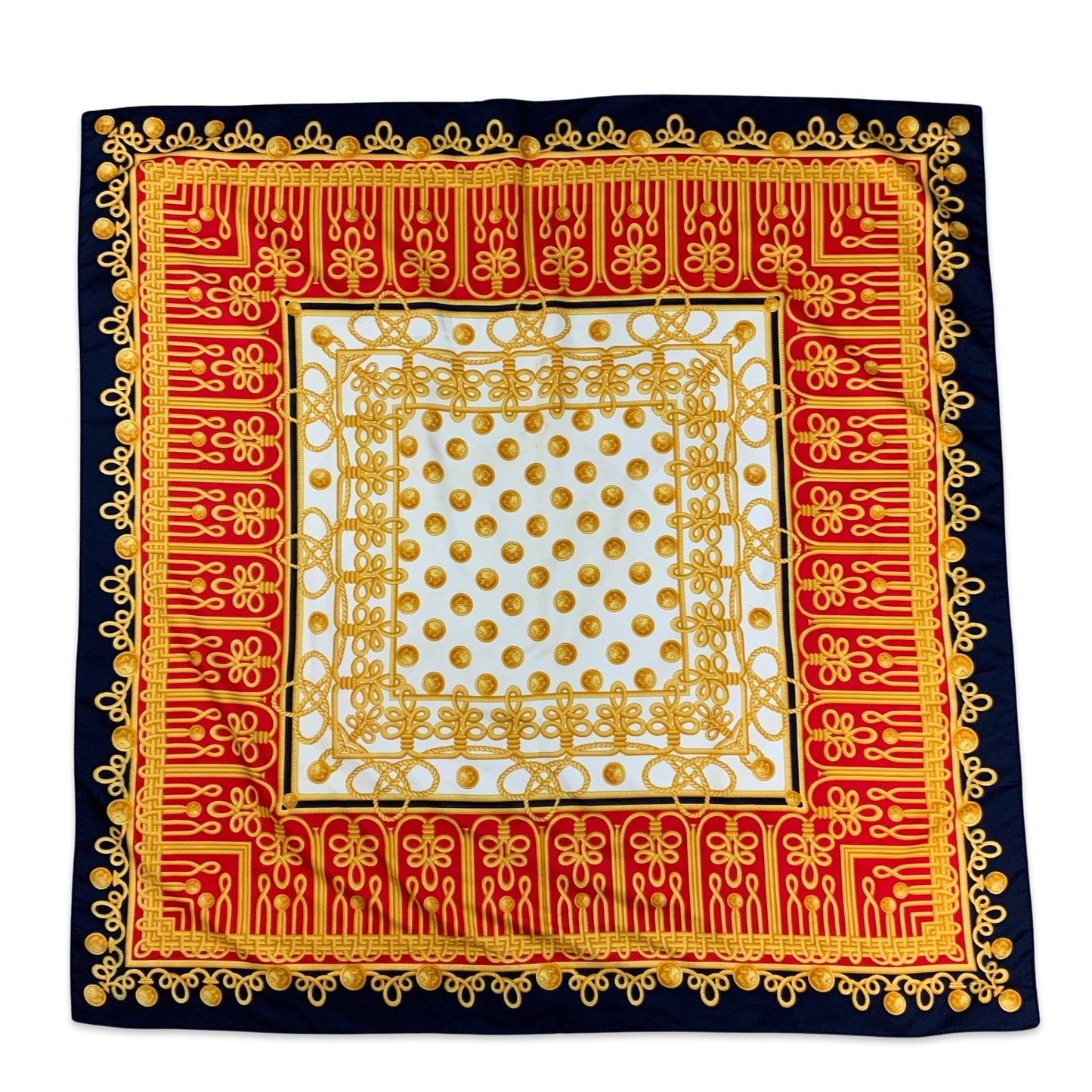Vintage 80s Red Navy Gold White Ornate Silk Blend Scarf