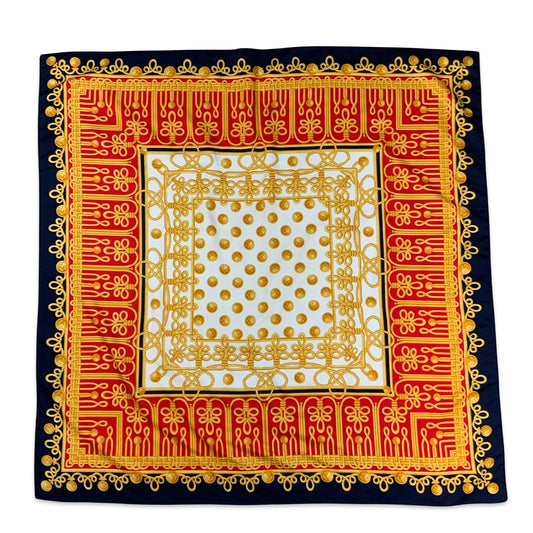Vintage 80s Red Navy Gold White Ornate Silk Blend Scarf