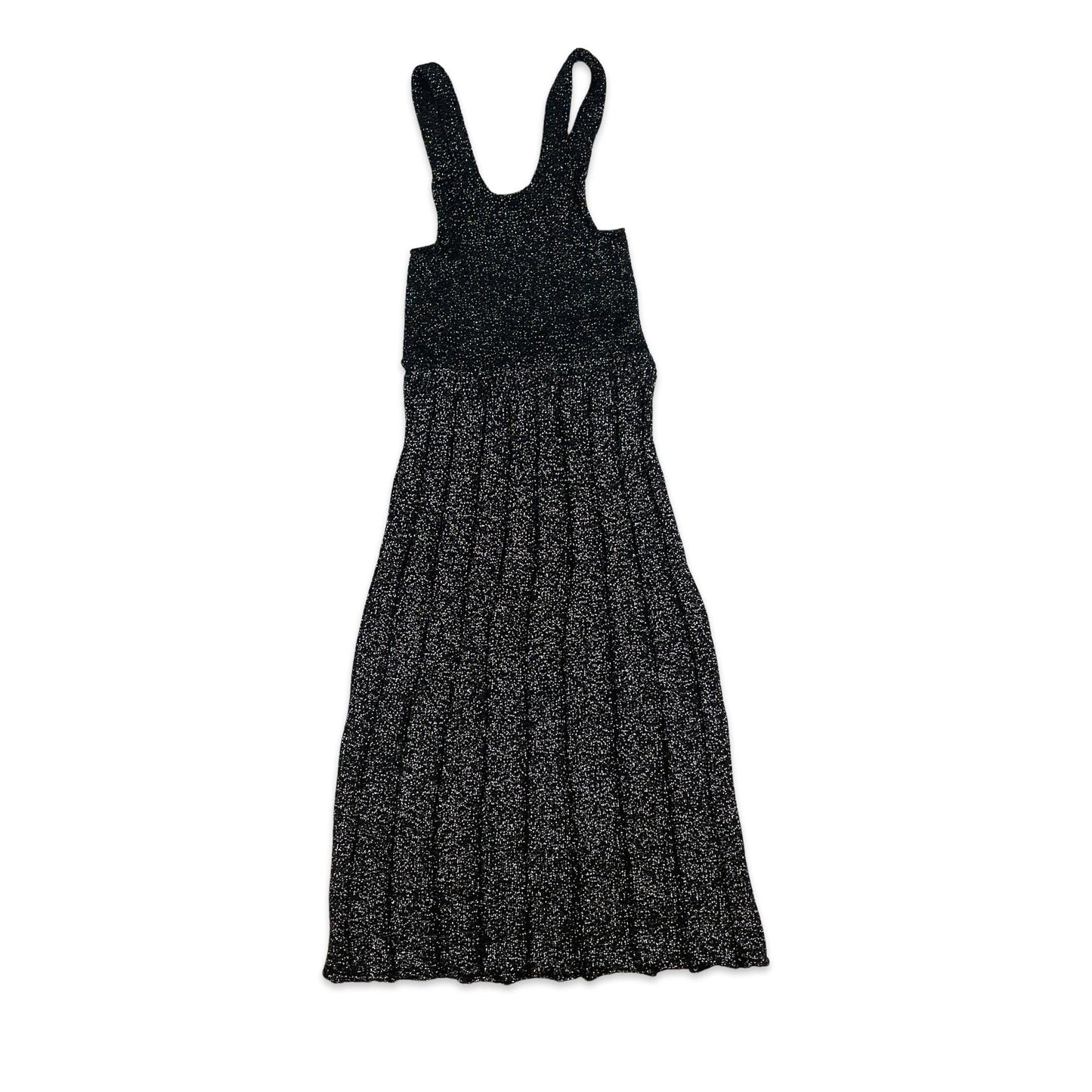 Vintage 70s Lurex Knitted Midi Party Dress Black Silver Metallic 8
