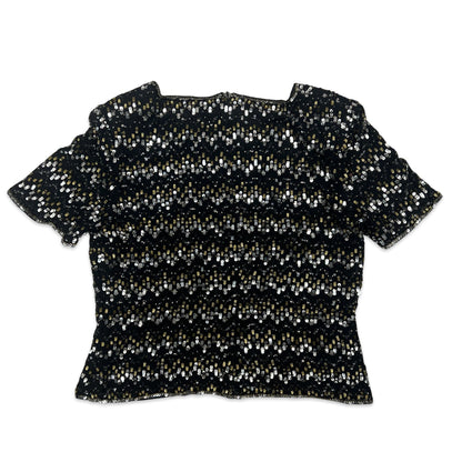 Vintage 80s Boxy Oversized Sequin Blouse Black Gold Silver 8 10