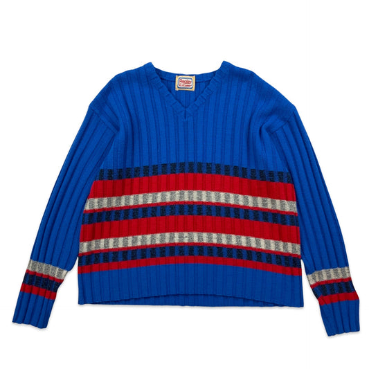 Vintage Replay Blue Red & Grey Ribbed Knit V-neck Jumper 18 20 22