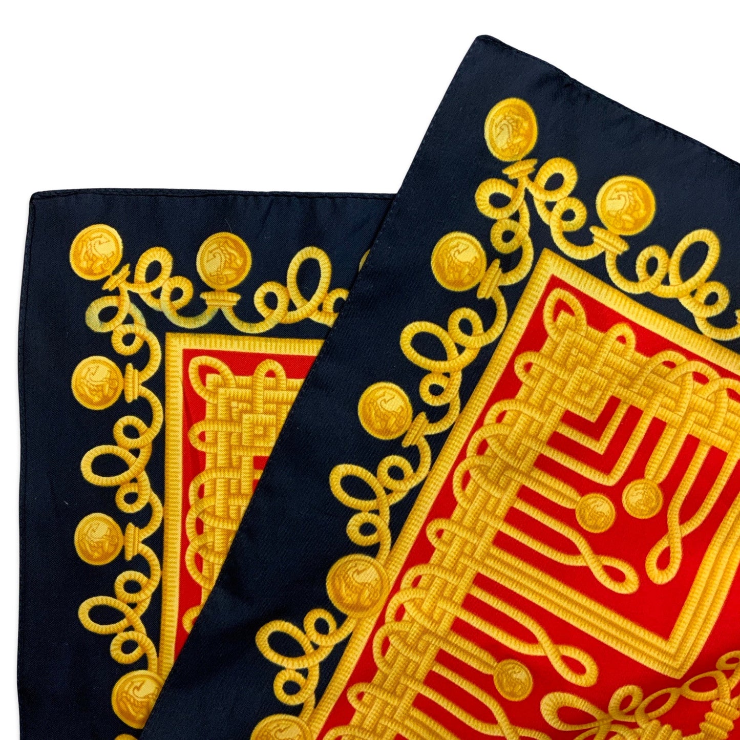 Vintage 80s Red Navy Gold White Ornate Silk Blend Scarf