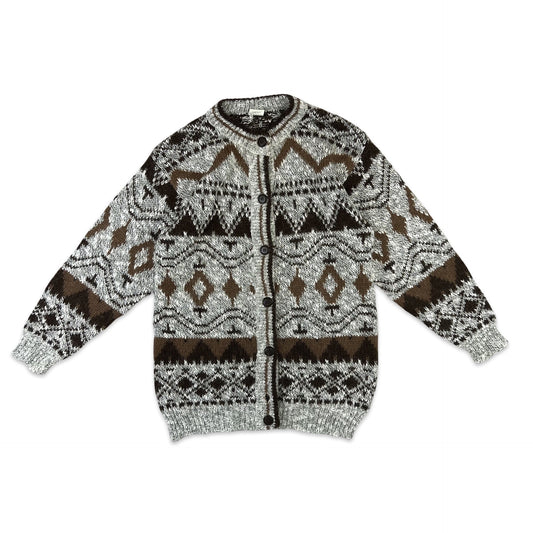 Vintage Mohair Cardigan Chevron Print Grey Brown 12 14 16