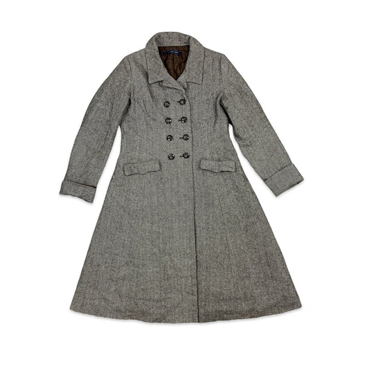 Vintage Wool Long Duster Coat Herringbone Brown Cream 8 10