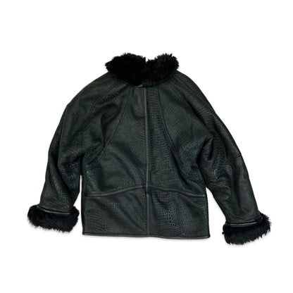 Vintage 80s Faux Crocodile Shearling Coat Dark Green Black 14 16 18