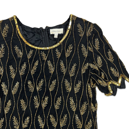 Vintage 80s Sequin Blouse Black Gold 8 10