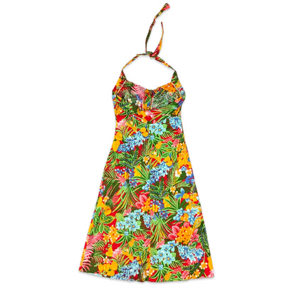 Vintage Red Orange Blue Yellow Green Floral Halter Neck Summer Dress 6 8